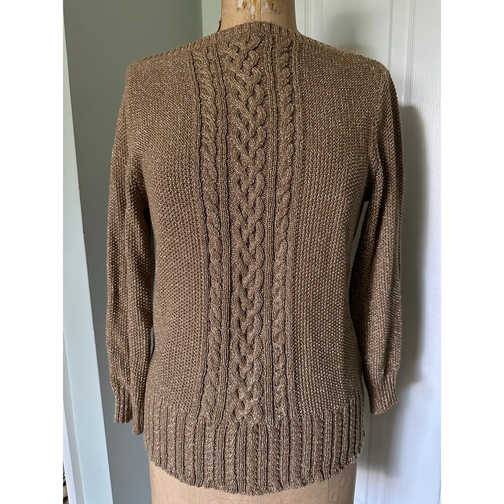 Lauren Ralph Lauren Sweater L Gold Metallic Cable Knit Boat Neck Stretch Holiday